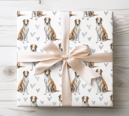Elegant Borzoi dog wrapping paper featuring a realistic watercolor Borzoi illustration with soft neutral hearts. Perfect gift wrap for Borzoi owners, sighthound lovers, dog-themed birthdays, Valentine’s Day, and refined pet gifts. High-quality Borzoi wrapping paper. 