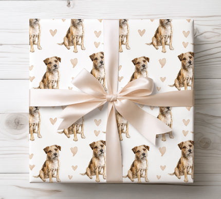 Charming watercolor Border Terrier dog wrapping paper with a seamless heart pattern and realistic breed details. Ideal gift wrap for Border Terrier owners, dog moms and dads, pet lovers, birthdays, Valentine’s Day, and special occasions. Elegant dog-themed wrapping paper for memorable gifts. 