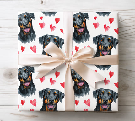 Artistic Beauceron wrapping paper featuring a striking watercolor Beauceron portrait with bold heart accents. Designed for Beauceron owners, working dog lovers, Valentine’s Day gifts, and strong breed-themed wrapping. Seamless Beauceron dog breed wrapping paper with a refined watercolor style. 