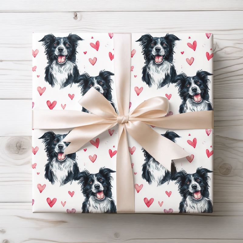 Heartbound Joy – Border Collie watercolor hearts wrapping paper