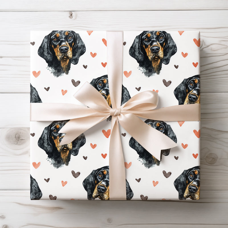 Midnightheart Drift – Black and Tan Coonhound watercolor hearts wrapping paper
