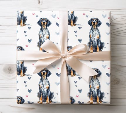 Beautiful seamless watercolor wrapping paper featuring a Bluetick Coonhound surrounded by soft romantic hearts. Perfect gift wrap for Bluetick Coonhound owners, Valentine’s Day gifts, and dog-themed presents. Clean white background, refined watercolor look, and premium wrapping paper quality. 