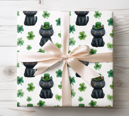 Seamless watercolor wrapping paper featuring a black cat wearing a St. Patrick’s Day green hat, surrounded by lucky shamrocks. Perfect gift wrap for cat lovers, St. Patrick’s Day gifts, Irish themed celebrations, spring holidays, and festive pet lovers. Clean white background, charming watercolor style, playful and seasonal design. 