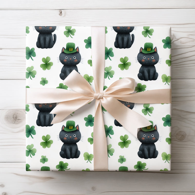 Luckywhisk Vale – Black Cat St. Patrick’s Day shamrock wrapping paper