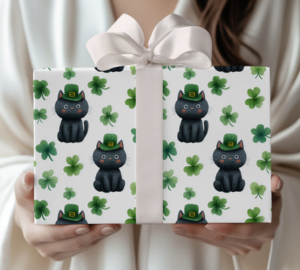 Luckywhisk Vale – Black Cat St. Patrick’s Day shamrock wrapping paper