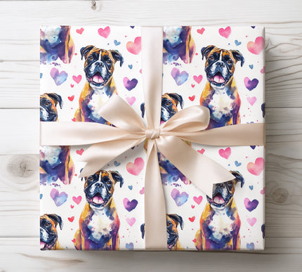 Seamless watercolor wrapping paper featuring a joyful Boxer dog surrounded by soft pastel hearts. Perfect Valentine wrapping paper for Boxer lovers, dog owners, romantic pet gifts, and playful dog-themed gift wrapping. Clean white background with expressive hand-painted watercolor details. 