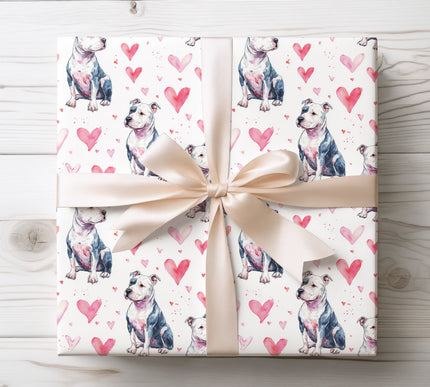 Watercolor American Bully wrapping paper featuring a friendly American Bully with heart accents. Ideal for American Bully lovers, dog dad or dog mom gifts, Valentine’s Day, and bold dog-themed wrapping paper. 