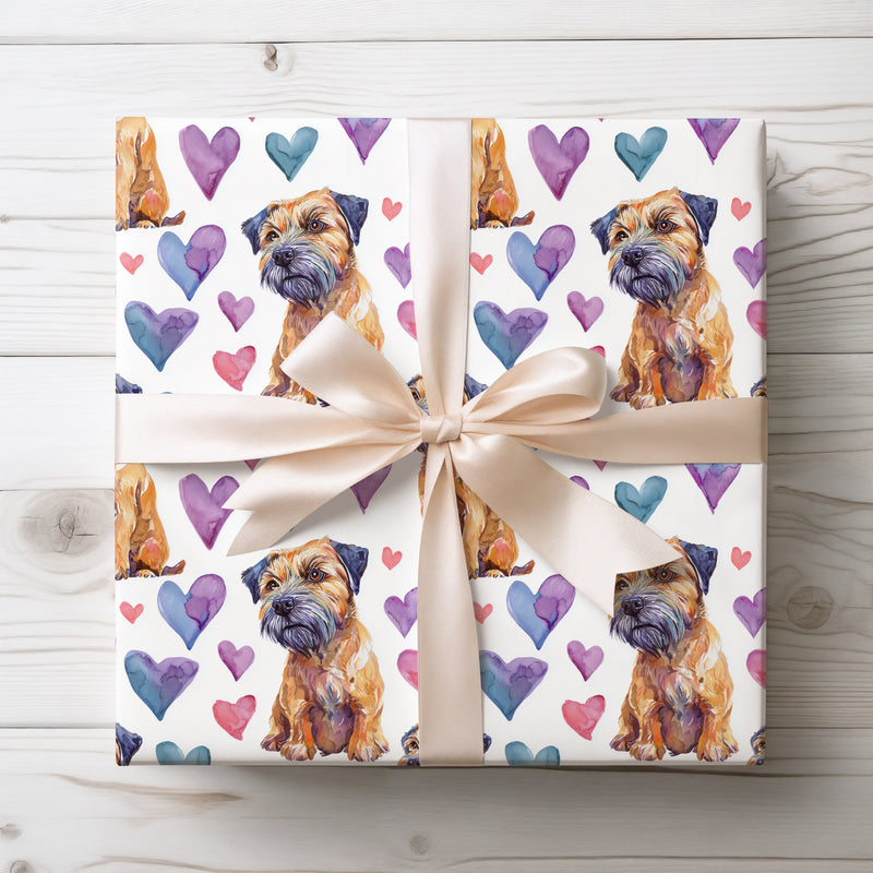 Copperpaws Affection – Border Terrier Love Hearts wrapping paper