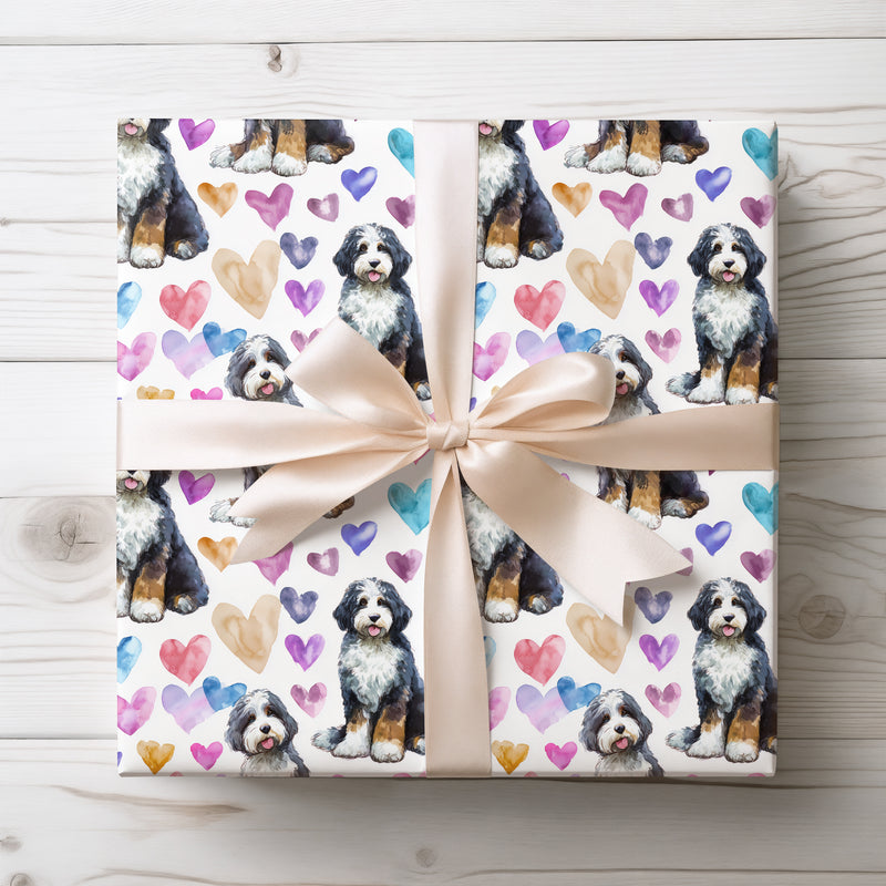 Cuddletrail Bliss – Bernedoodle watercolor hearts wrapping paper