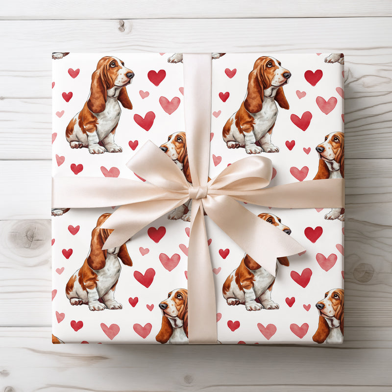 Droopyheart Dream – Basset Hound watercolor hearts wrapping paper
