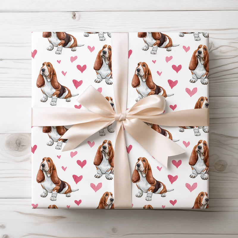 Droopyheart Tale – Basset Hound watercolor hearts wrapping paper