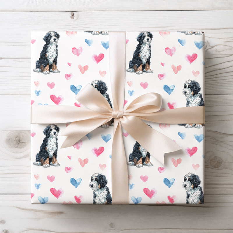 Fluffbond Love – Bernedoodle watercolor hearts wrapping paper
