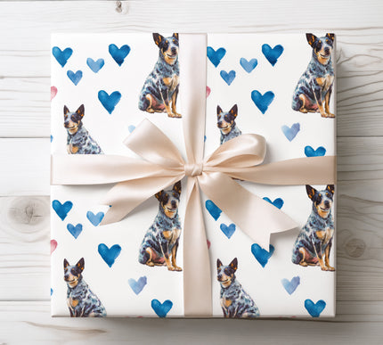 High-quality Australian Cattle Dog wrapping paper with a detailed watercolor Blue Heeler design and scattered heart elements. Ideal gift wrap for Australian Cattle Dog owners, dog lovers, Valentine gifts, birthdays, and pet-inspired celebrations. Seamless watercolor dog wrapping paper made for standout gifts. 