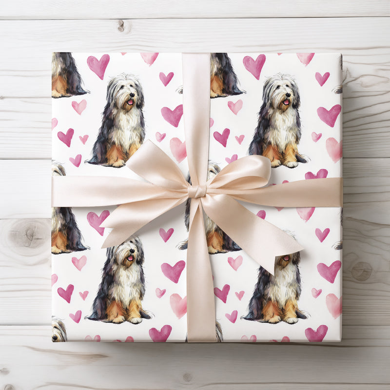 Shaggyheart Bliss – Bearded Collie watercolor hearts wrapping paper