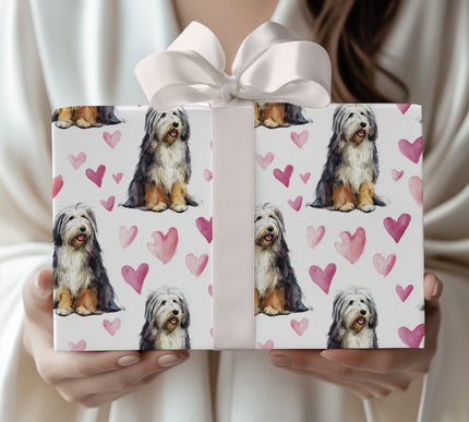 Shaggyheart Bliss – Bearded Collie watercolor hearts wrapping paper