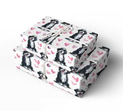 Softpaw Harmony – Bernedoodle watercolor hearts wrapping paper