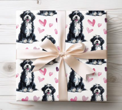 Beautiful Bernedoodle wrapping paper showcasing a sweet watercolor Bernedoodle design with colorful heart details. Ideal for Bernedoodle owners, dog moms and dads, Valentine’s Day wrapping, and joyful pet-inspired gift presentation. Seamless Bernedoodle wrapping paper on a white background. 