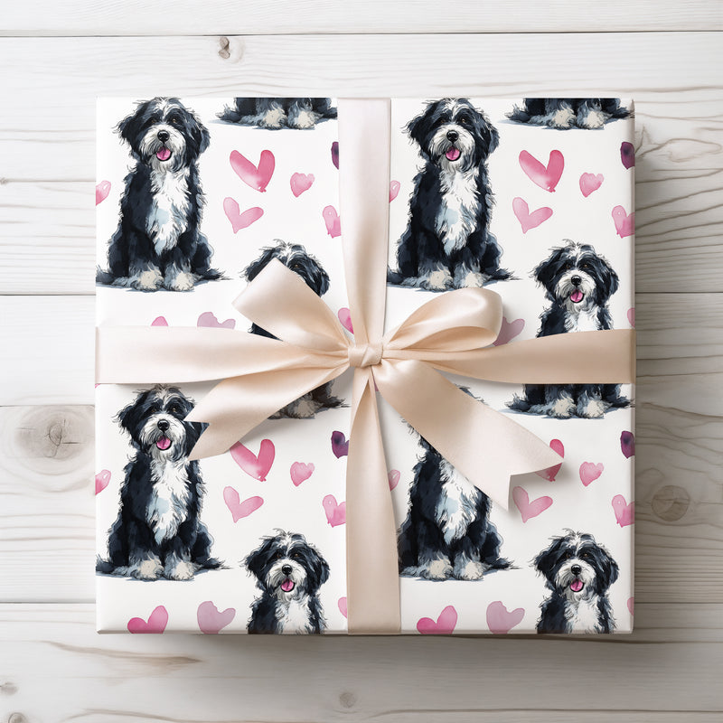 Softpaw Harmony – Bernedoodle watercolor hearts wrapping paper
