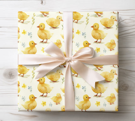 Adorable watercolor yellow duckling wrapping paper with soft spring colors. Perfect for baby gifts, Easter presents, nursery wrapping, and cute animal-themed wrapping paper. 