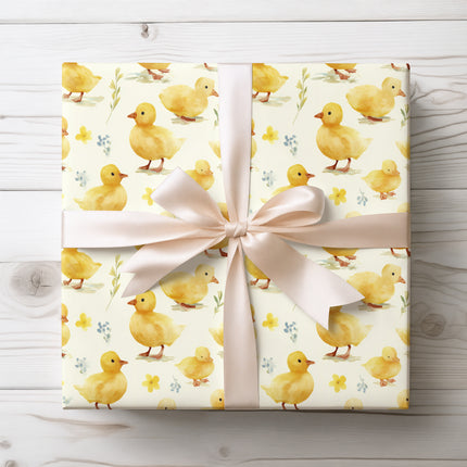 Adorable watercolor yellow duckling wrapping paper with soft spring colors. Perfect for baby gifts, Easter presents, nursery wrapping, and cute animal-themed wrapping paper. 