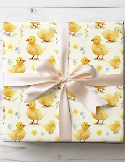 Adorable watercolor yellow duckling wrapping paper with soft spring colors. Perfect for baby gifts, Easter presents, nursery wrapping, and cute animal-themed wrapping paper. 