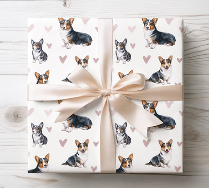 Adorable Cardigan Welsh Corgi wrapping paper featuring a realistic watercolor Cardigan Welsh Corgi with soft neutral heart accents. Perfect gift wrap for Cardigan Welsh Corgi owners, corgi lovers, birthdays, Valentine’s Day and cozy dog-themed gifts. Premium quality wrapping paper. 