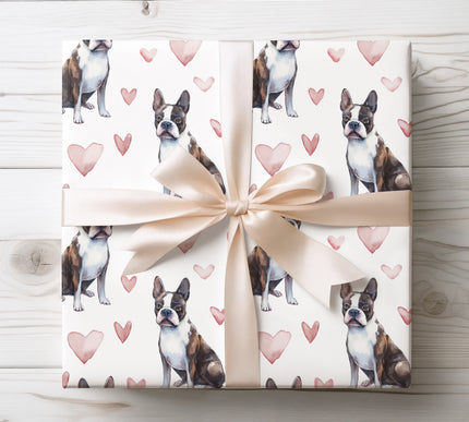 Premium watercolor Boston Terrier dog wrapping paper featuring a seamless pattern with soft hand-painted hearts on a clean white background. Perfect gift wrap for Boston Terrier owners, dog lovers, birthdays, Valentine’s Day, holidays, and pet-themed presents. High-quality decorative wrapping paper designed for dog lovers. 