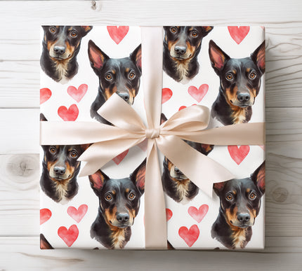 Premium Australian Kelpie wrapping paper featuring a hand-painted watercolor Kelpie dog pattern with soft heart accents. Perfect gift wrap for Australian Kelpie lovers, dog moms and dads, Valentine’s Day, birthdays, and pet-themed presents. Seamless dog breed wrapping paper with a clean white background and romantic watercolor style. 