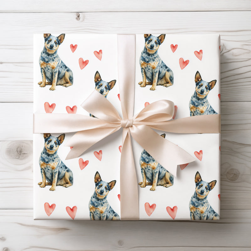 Heelerlove Drift – Australian Cattle Dog watercolor hearts wrapping paper
