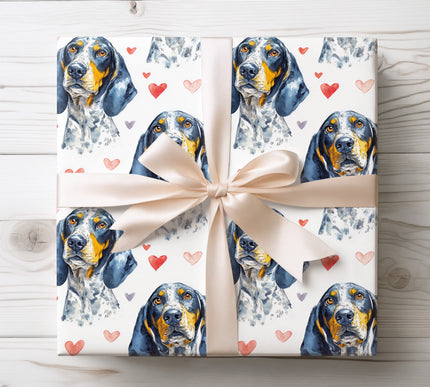 Premium seamless watercolor wrapping paper showcasing a Bluetick Coonhound with expressive eyes and romantic heart accents. Ideal Valentine’s Day wrapping paper for Bluetick Coonhound owners, hound dog lovers, and pet-themed gift wrapping with a refined white background. 