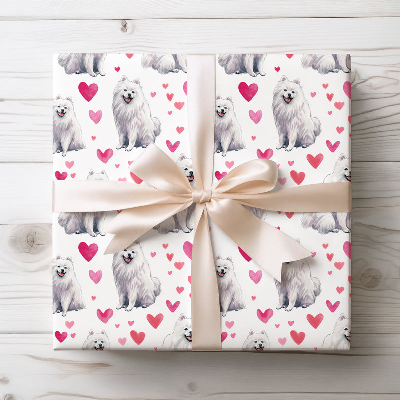 Snowheart Bliss – American Eskimo Dog Hearts wrapping paper