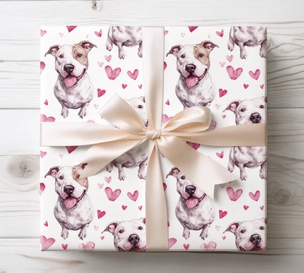 Watercolor American Pit Bull Terrier wrapping paper featuring a happy Pit Bull Terrier with soft heart accents. Perfect for American Pit Bull Terrier lovers, dog mom gifts, Valentine’s Day, birthdays, and pet-themed wrapping paper. 