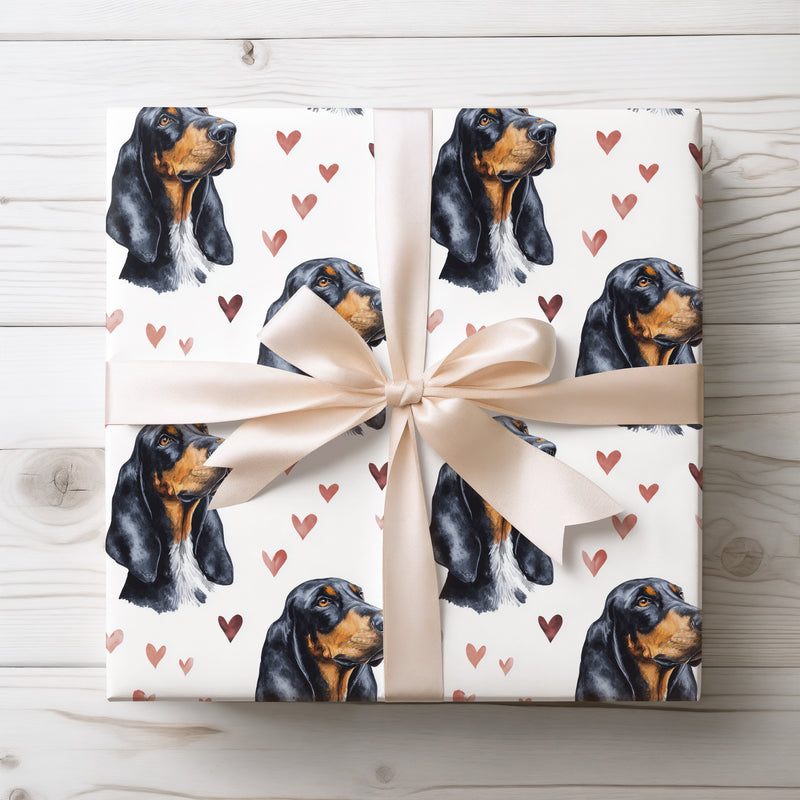 Shadowlove Trail – Black and Tan Coonhound watercolor hearts wrapping paper