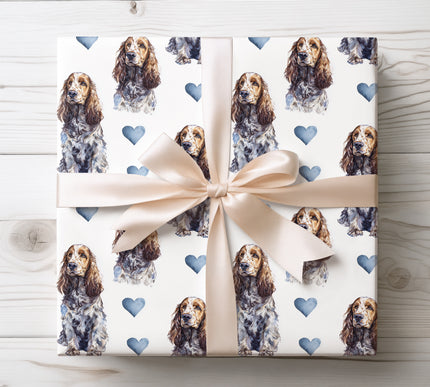 Soft watercolor English Cocker Spaniel wrapping paper with realistic long-eared dog portraits and subtle heart accents. A perfect choice for English Cocker Spaniel owners, dog lovers, birthdays, and romantic or pet-themed gifts. Seamless premium wrapping paper. 