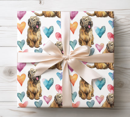Seamless watercolor wrapping paper featuring a charming Briard dog surrounded by soft pastel hearts. Perfect Valentine wrapping paper for Briard lovers, large fluffy dog owners, romantic pet gifts, and elegant dog-themed gift wrapping. Clean white background with expressive hand-painted watercolor style. 