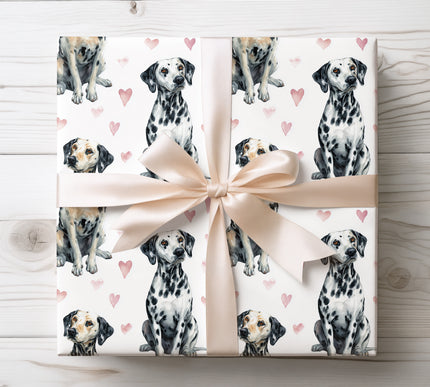 High-quality watercolor Dalmatian dog wrapping paper featuring detailed Dalmatian illustrations and gentle heart motifs. Designed for Dalmatian owners and dog lovers looking for unique, pet-themed wrapping paper for celebrations, gifts, and special occasions. 