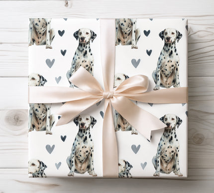 Romantic watercolor Dalmatian wrapping paper showcasing realistic spotted Dalmatian dogs with soft heart details on a white background. Perfect wrapping paper for Dalmatian lovers, dog-themed gifts, birthdays, Valentine’s Day, and holidays. Seamless repeat design. 