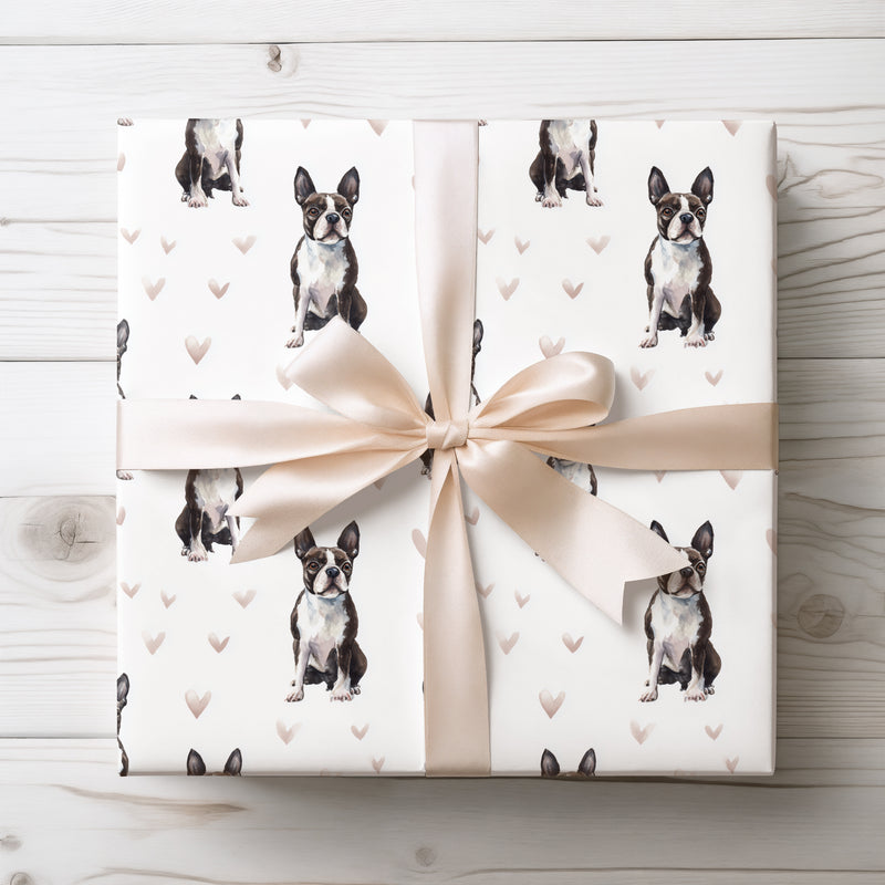 Velvetheart Muse – Boston Terrier watercolor hearts wrapping paper