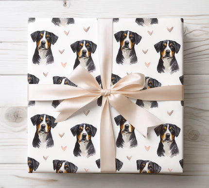 Premium Greater Swiss Mountain Dog wrapping paper featuring realistic watercolor portraits of the Greater Swiss Mountain Dog paired with soft neutral heart accents on a clean white background. Perfect gift wrap for Greater Swiss Mountain Dog owners, dog lovers, Valentine’s Day, birthdays, and elegant pet-themed gifts. High-quality wrapping paper with a warm, timeless, and refined aesthetic. 