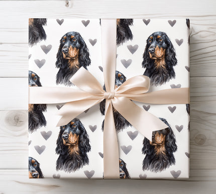 Premium Gordon Setter wrapping paper featuring realistic watercolor Gordon Setter portraits with soft neutral heart accents on a clean white background. Perfect gift wrap for Gordon Setter owners, dog lovers, Valentine’s Day, birthdays, and elegant pet-themed gifts. High-quality wrapping paper with a refined, classic, and timeless design. 