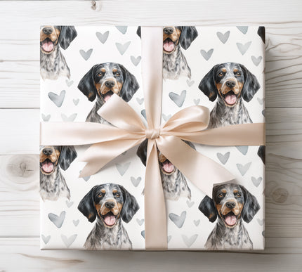 Charming watercolor Bluetick Coonhound dog wrapping paper with a joyful Bluetick Coonhound portrait and delicate pastel hearts on a white background. Premium wrapping paper ideal for dog lovers, special occasions, birthdays, Valentine’s Day, and thoughtful gifts. Soft, romantic, and beautifully detailed Bluetick Coonhound gift wrap. 