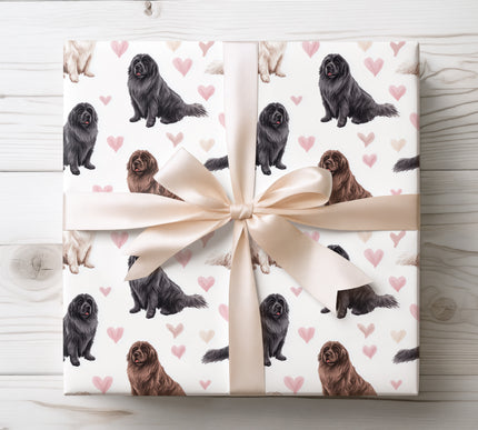 Elegant watercolor Newfoundland wrapping paper showcasing realistic, hand-painted Newfoundland dog illustrations with soft heart accents. Perfect for Newfoundland lovers, dog parents, birthdays, Valentine’s Day, and heartfelt occasions. High-quality seamless Newfoundland wrapping paper that adds warmth, charm, and a loving touch to every gift. 