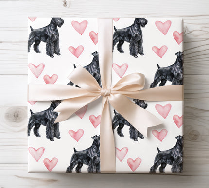 Premium Giant Schnauzer wrapping paper featuring realistic watercolor Giant Schnauzer illustrations with soft blush heart accents on a clean white background. Perfect gift wrap for Giant Schnauzer owners, dog lovers, Valentine’s Day, birthdays, and elegant pet-themed gifts. High-quality wrapping paper with a strong, refined, and timeless design. 