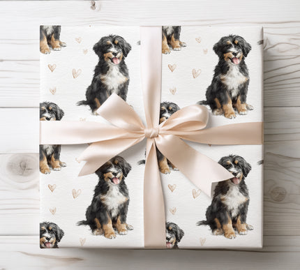 Adorable Bernedoodle wrapping paper featuring a realistic watercolor dog illustration with soft beige heart accents on a clean white background. Perfect for dog lovers, romantic gifts, Valentine’s Day, birthdays, or special occasions. This Bernedoodle watercolor wrapping paper adds a cozy, playful, and heartfelt touch to every gift. 