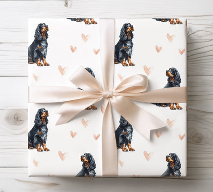 Premium Gordon Setter wrapping paper featuring realistic watercolor Gordon Setter illustrations with soft blush heart accents on a clean white background. Perfect gift wrap for Gordon Setter owners, dog lovers, Valentine’s Day, birthdays, and elegant pet-themed gifts. High-quality wrapping paper with a warm, classic, and timeless design. 