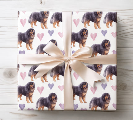 Premium watercolor wrapping paper featuring majestic Tibetan Mastiff illustrations with soft hand-painted heart accents. Seamless repeat on a clean white background, perfect for dog lovers, Valentine’s gifts, birthdays, holidays, and bold, heartfelt pet-themed gift wrapping. 