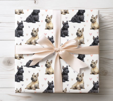 Elegant watercolor Scottish Terrier wrapping paper featuring detailed hand-painted Scottie illustrations accented with soft heart motifs on a clean white background. Perfect for Scottish Terrier lovers, dog parents, birthdays, Valentine’s Day, anniversaries, and heartfelt gift wrapping. Seamless repeating design with premium print quality and a timeless pet-themed look. 