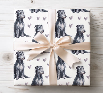 Elegant watercolor Scottish Deerhound wrapping paper showcasing graceful Deerhound illustrations paired with subtle heart accents. The bright white background and seamless repeat pattern make it perfect for dog lovers, romantic occasions, birthdays, and special celebrations. High-quality wrapping paper with a refined, affectionate, pet-inspired aesthetic. 