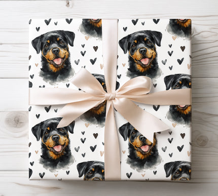 Bold yet warm watercolor Rottweiler wrapping paper featuring expressive hand-painted dog portraits with soft heart accents on a clean white background. Designed for Rottweiler lovers, pet parents, and heartfelt occasions like birthdays, Valentine’s Day, anniversaries, and holidays. Seamless repeating pattern, premium quality print, modern pet-themed wrapping paper that makes every gift special. 
