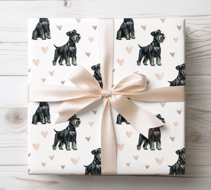 Premium Giant Schnauzer wrapping paper featuring realistic watercolor Giant Schnauzer illustrations with soft neutral heart accents on a clean white background. Perfect gift wrap for Giant Schnauzer owners, dog lovers, Valentine’s Day, birthdays, and elegant pet-themed gifts. High-quality wrapping paper with a bold, refined, and timeless design. 